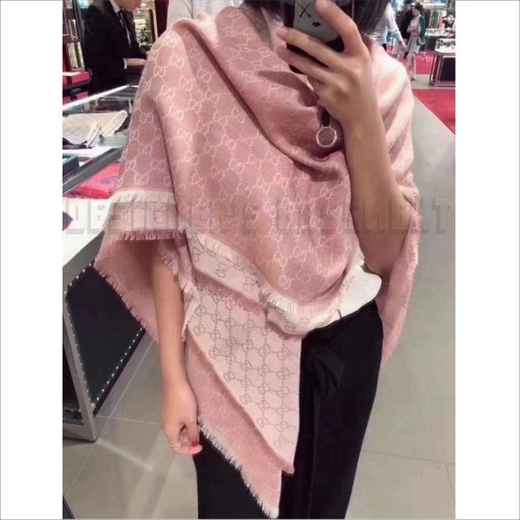 GUCCI 2-tone Pink & Ivory GGWEB giant 55"-sqr wool/silk pashmina shawl scarf NWT - Picture 11 of 13